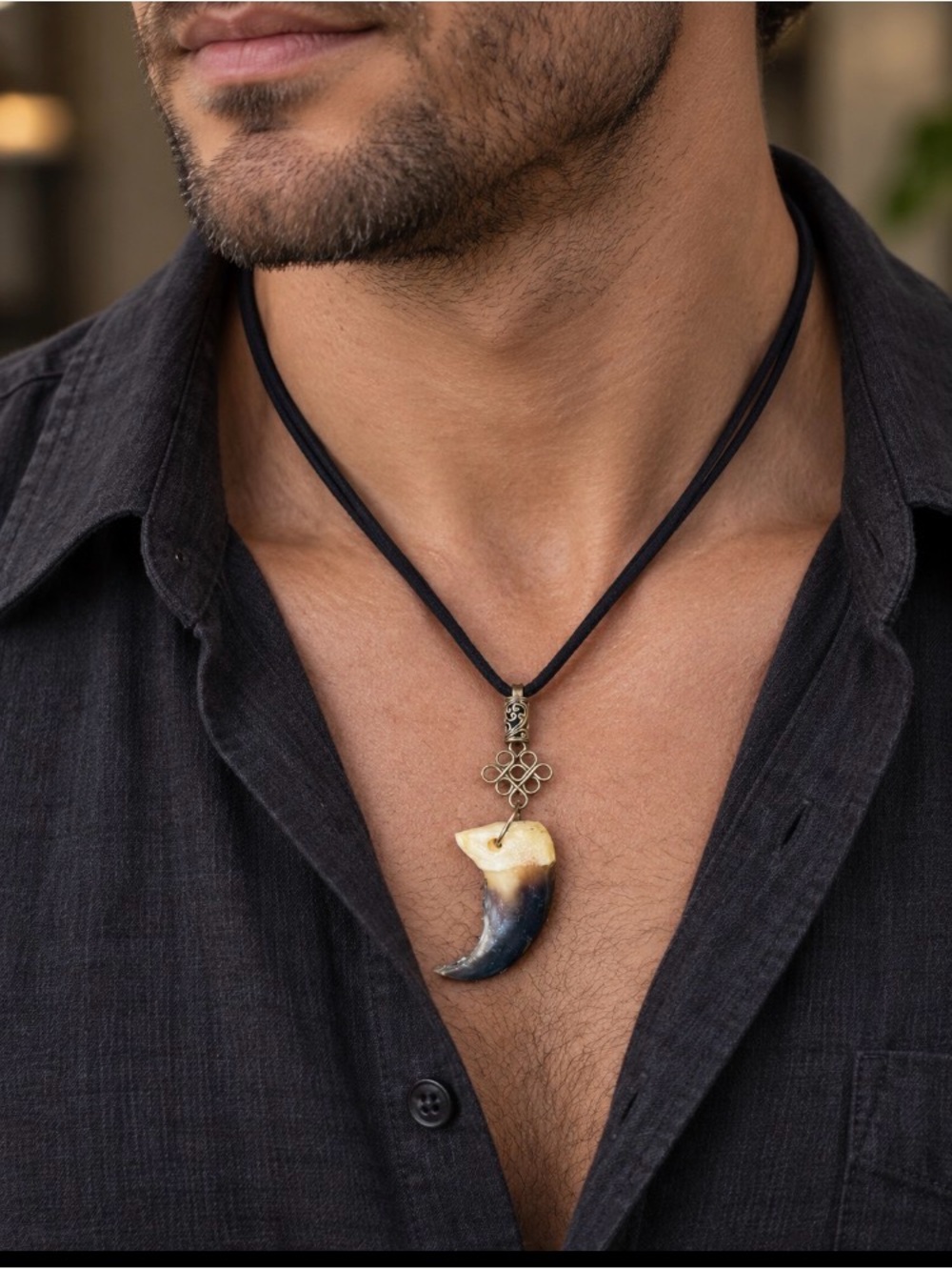 Hand Crafted Black Cord Necklace with Ivory and Bear Tooth Pendant